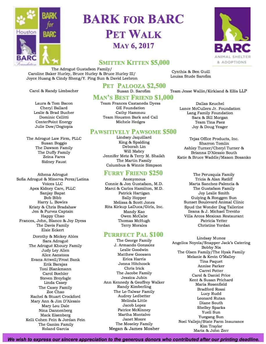 2017 BARK for BARC Sponsors